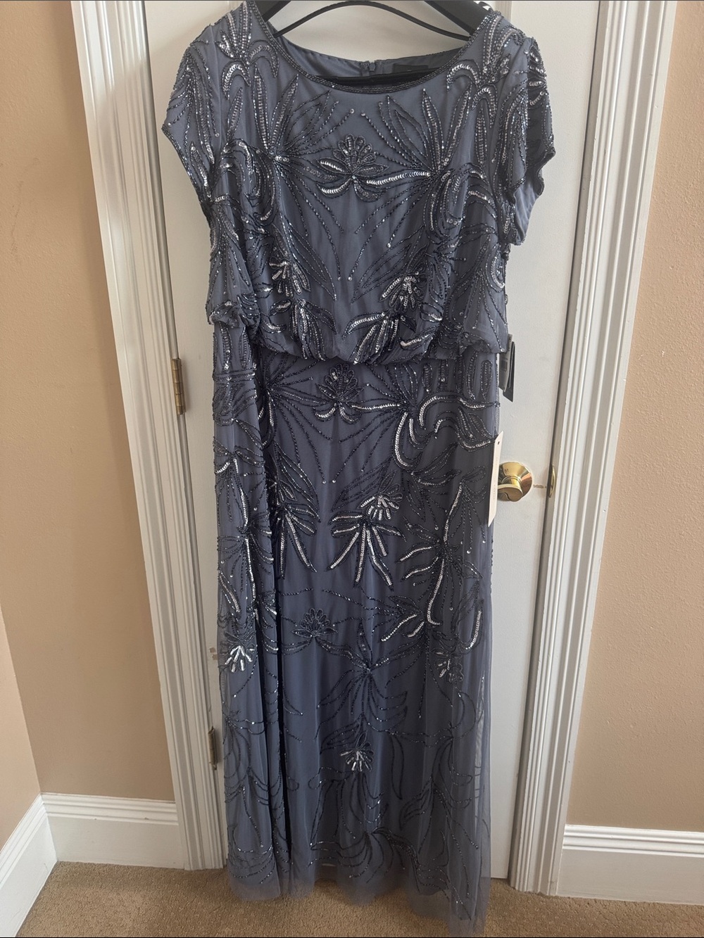 Adriana papell Beaded Slate Gray Maxi Dress with Delicate Overlay